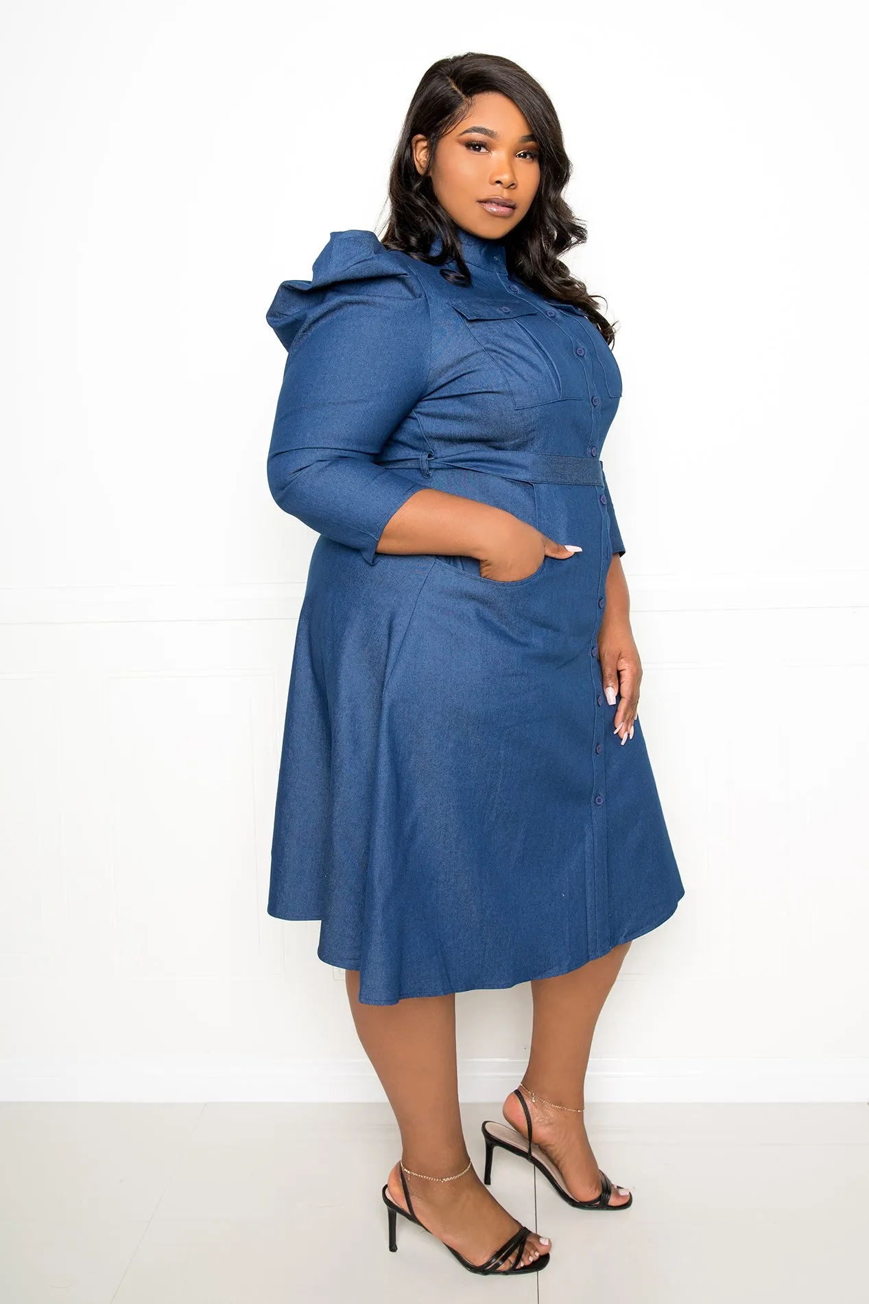 Puffed Sleeve Denim Shirt Dress sold by Buxom Couture product image thumbnail 2