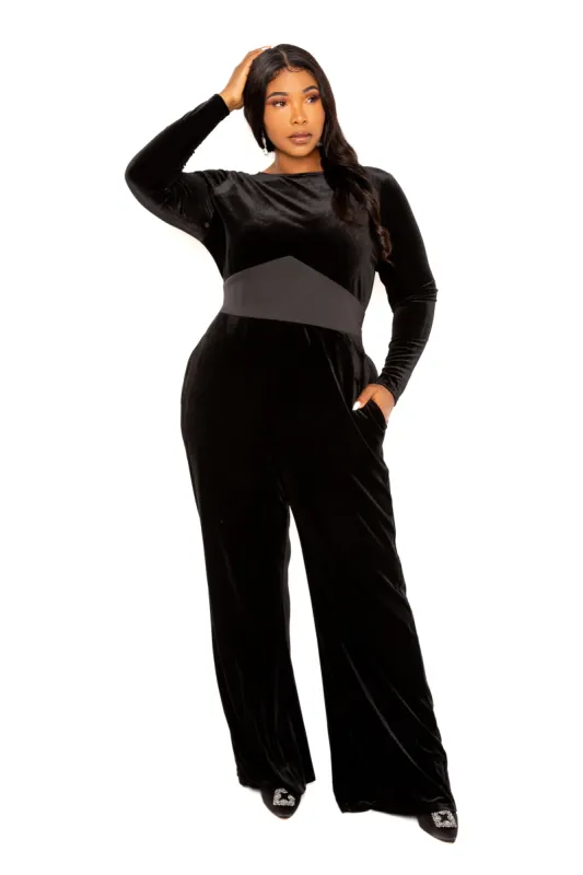 Velvet Jumpsuit with Satin Waist Accent sold by Buxom Couture