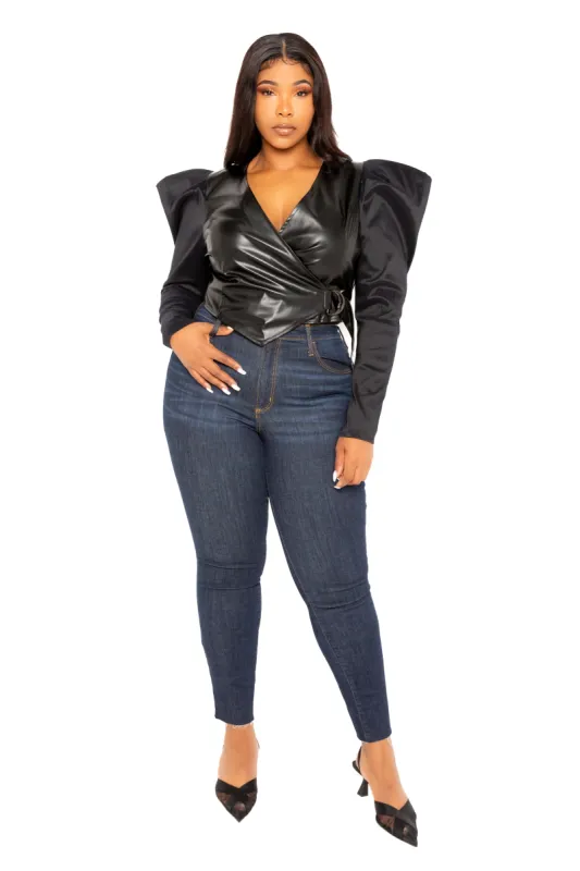 Exaggerated Shoulder Faux Leather Wrapped Top sold by Buxom Couture