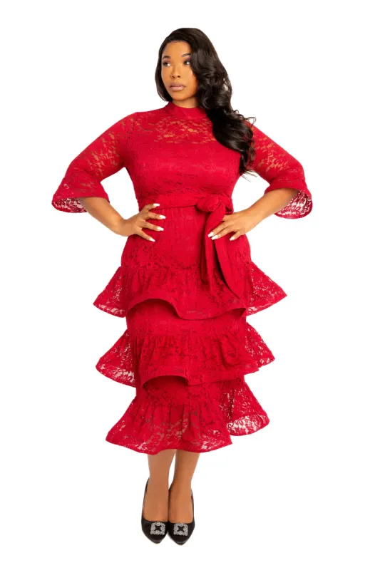 Lace Bell Sleeve Tiered Dress sold by Buxom Couture
