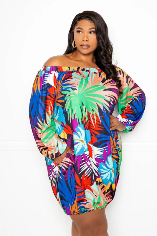 Printed Off Shoulder Bubbled Mini Dress sold by Buxom Couture