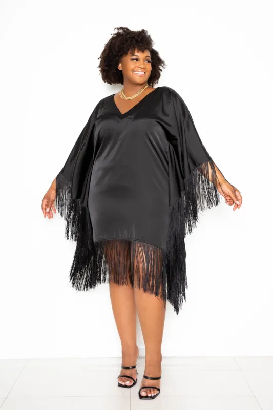 Satin Tunic Dress with Fringe Detail sold by Buxom Couture