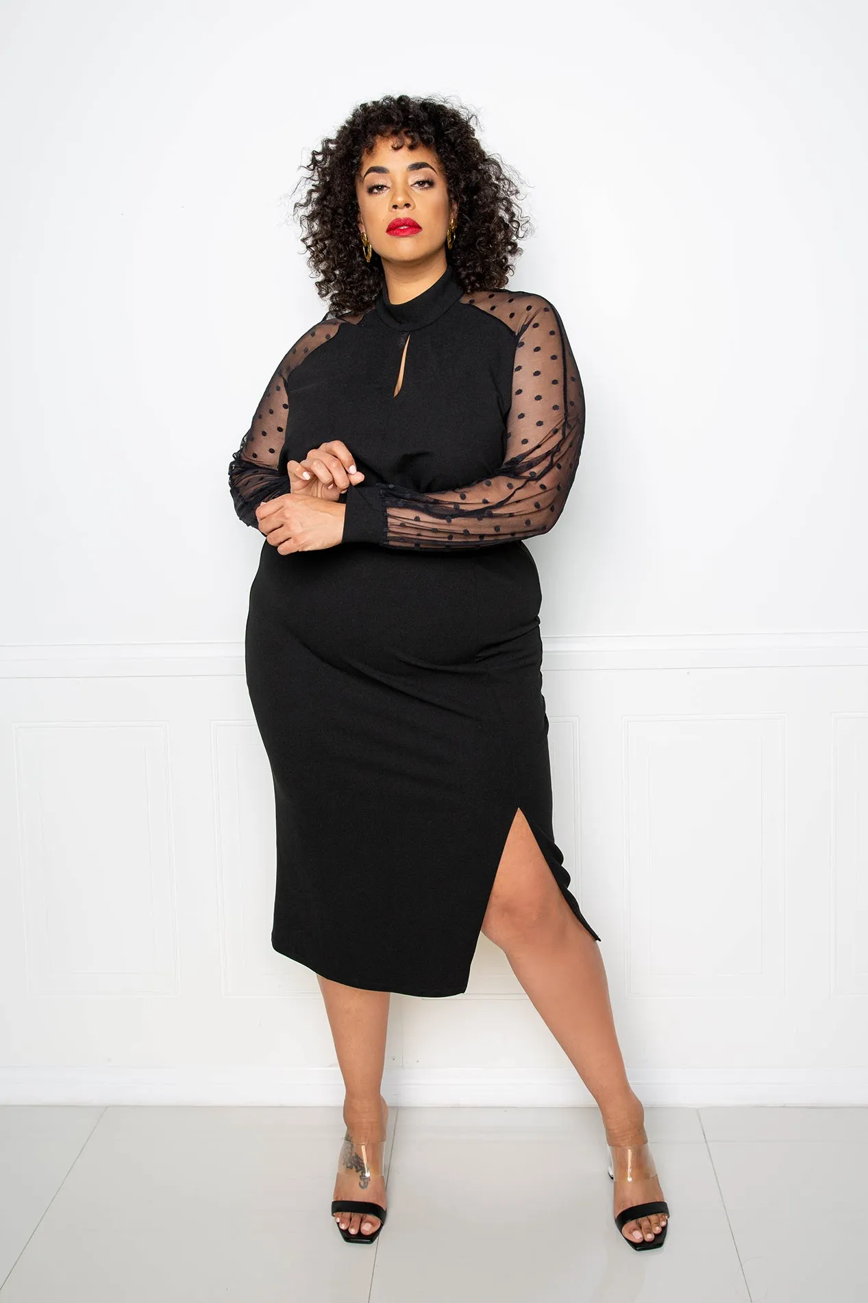 Polka Dot Mesh Sleeve Dress sold by Buxom Couture