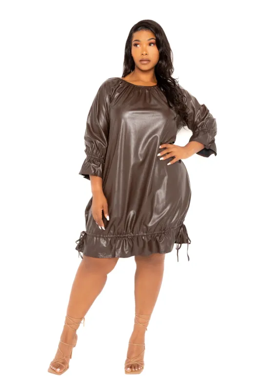 Faux Leather Mini Dress with Drawstring Hem sold by Buxom Couture