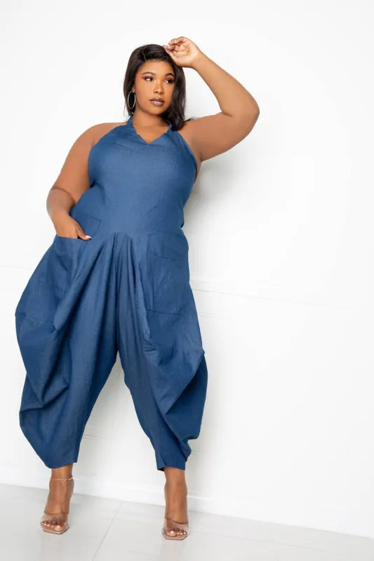 Halter Neck Denim Jumpsuit sold by Buxom Couture