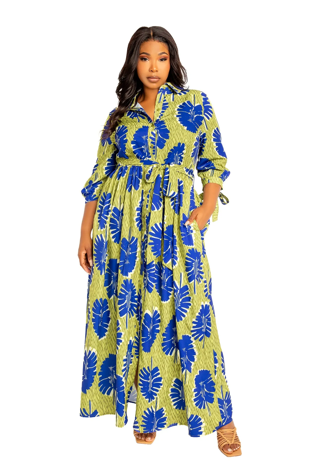 Print Maxi Shirtdress with Tie Sleeves sold by Buxom Couture
