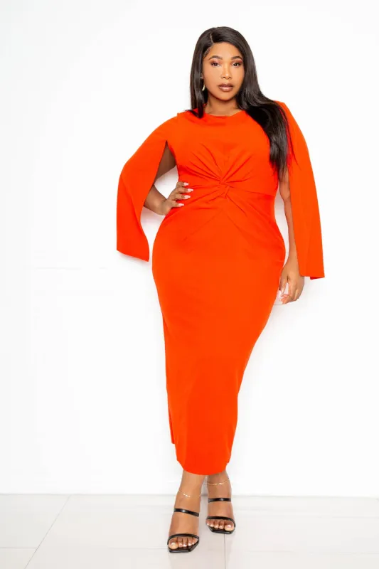 Cape Sleeve Midi Dress with Knot Detail sold by Buxom Couture