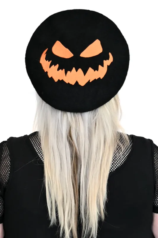 Pumpkin Face Beret - Black sold by Foxblood
