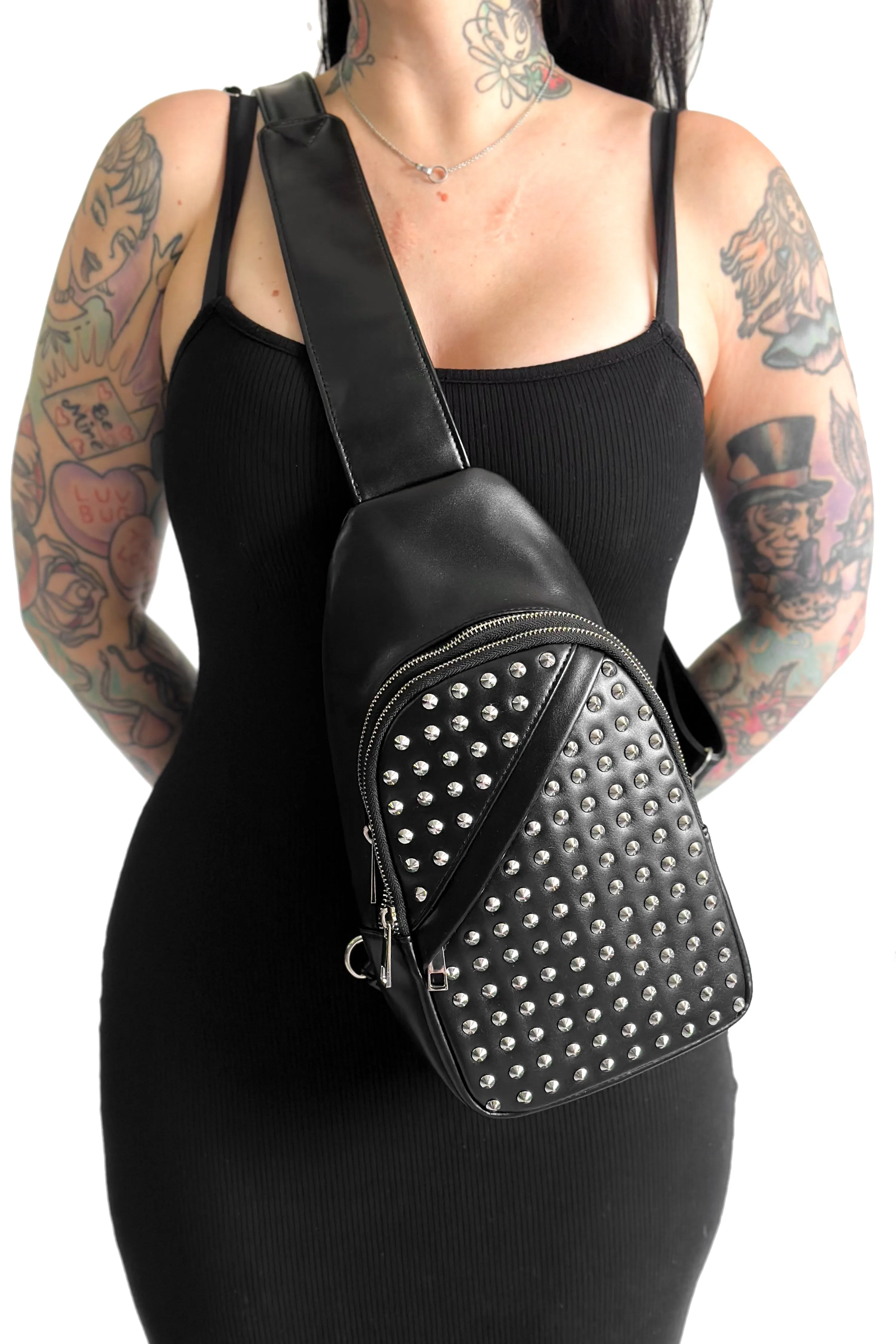 Silver on Black Studded Sling Bag sold by Foxblood