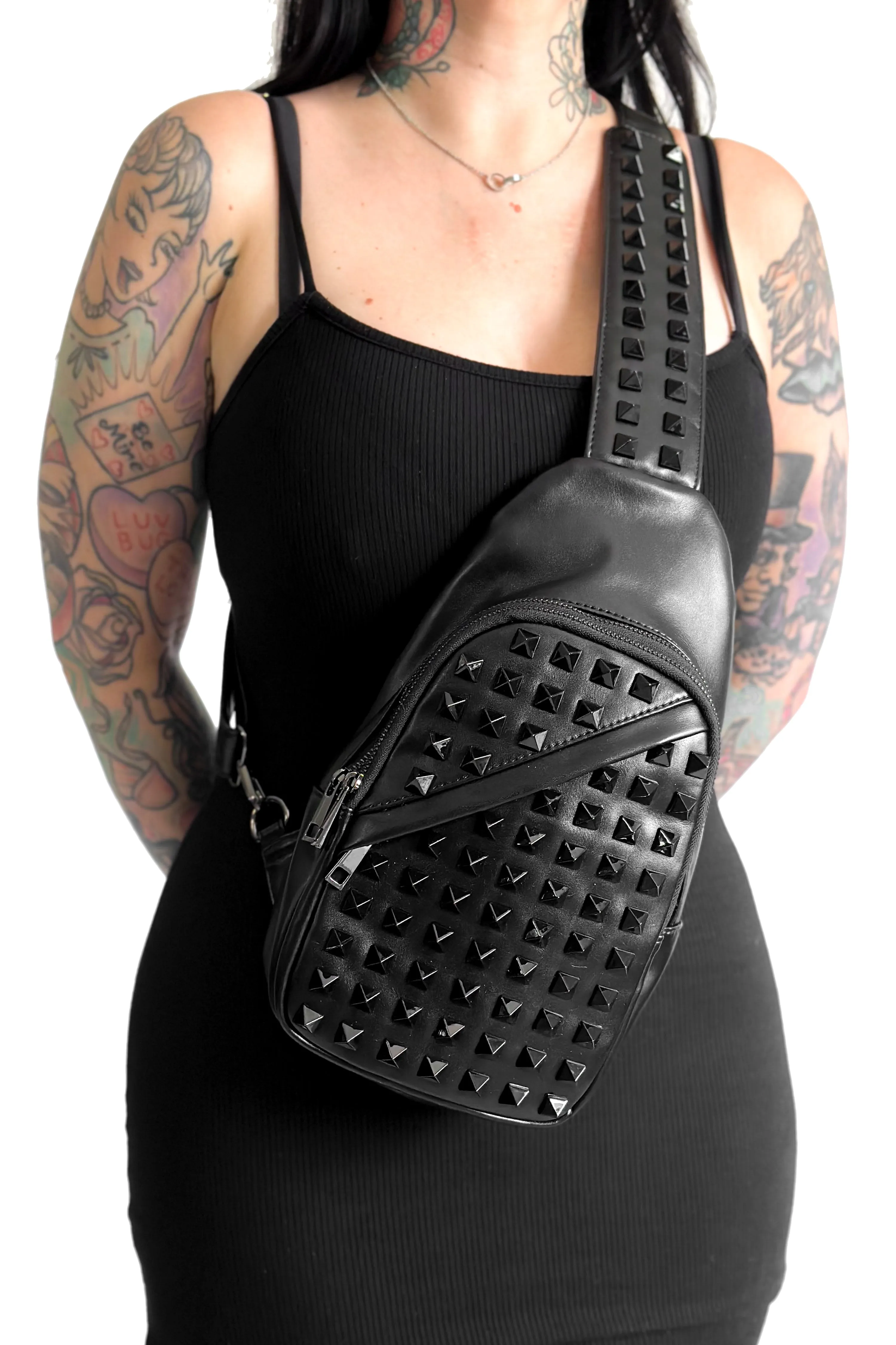 Black on Black Studded Sling Bag sold by Foxblood