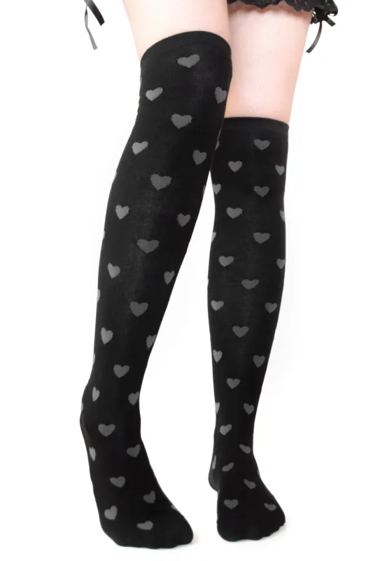 Dark Valentine Over Knee Socks - Grey Hearts sold by Foxblood