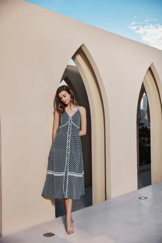 Gina | Cotton Embroidered Button-Up Midi Dress (Navy/White) sold by miss lulo