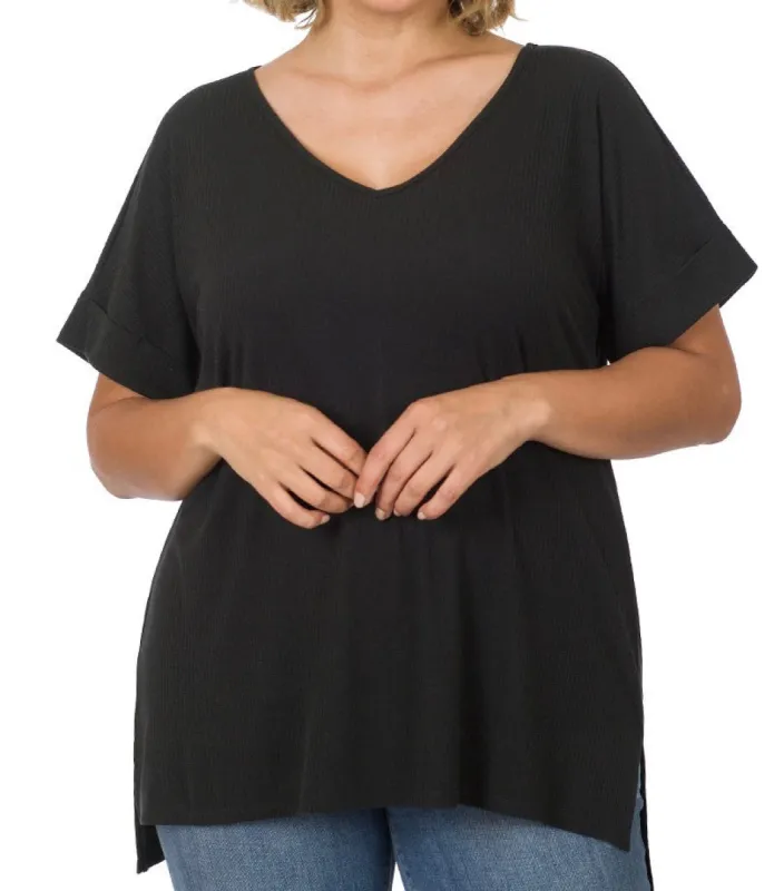 Ribbed Black V-neck T-shirt sold by Hey Peach