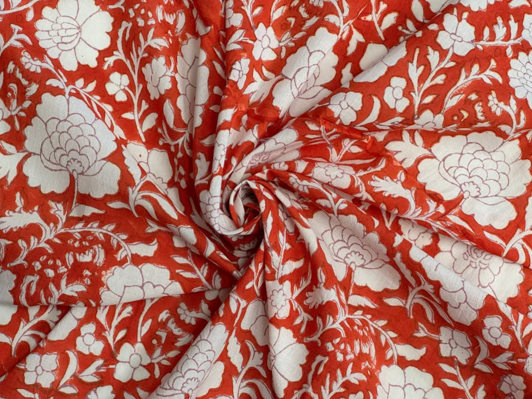 C25.7 - Hand Printed Cotton Cambric - coral red floral *** sold by Love Your Peaches