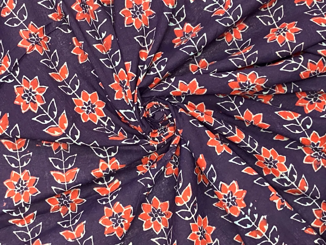 C24.1 - Hand Printed Cotton Cambric - indigo red vine *** sold by Love Your Peaches