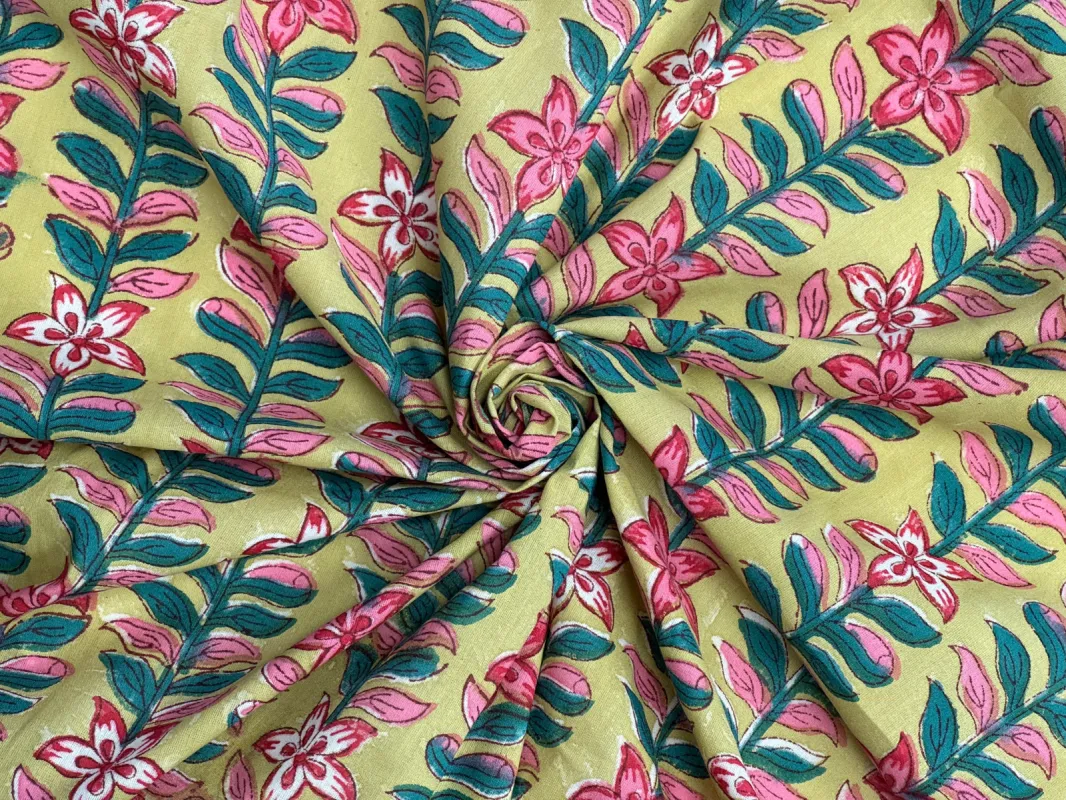 C25.9 - Hand Printed Cotton Cambric - green pink vine *** sold by Love Your Peaches
