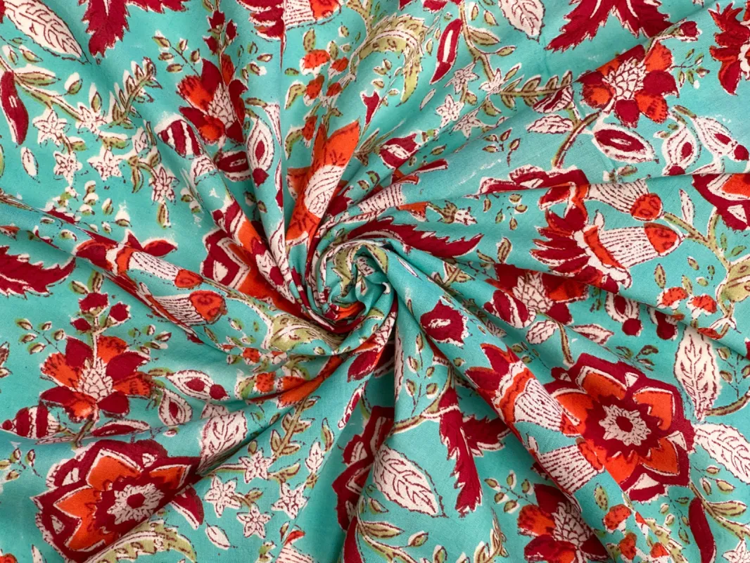 C25.6 - Hand Printed Cotton Cambric - aqua coral floral *** sold by Love Your Peaches