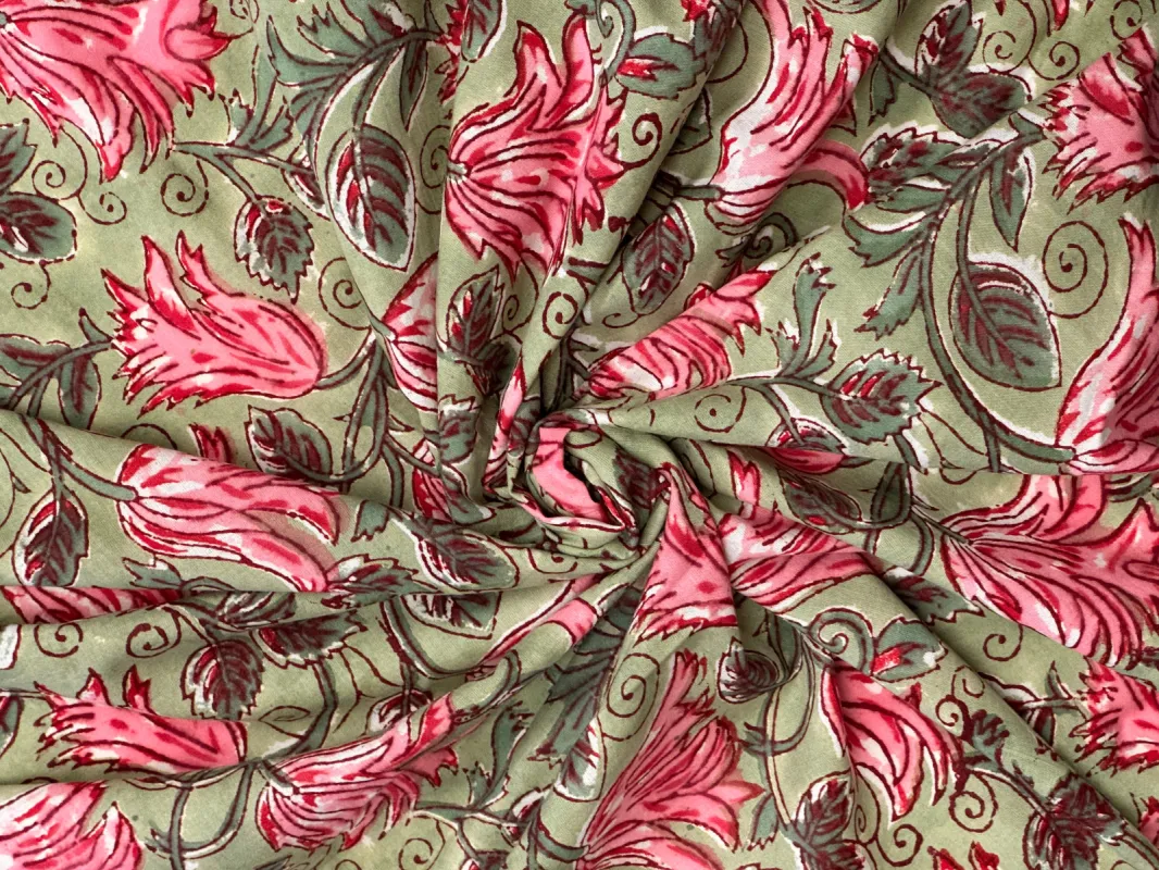 C25.8 - Hand Printed Cotton Cambric - green pink floral *** sold by Love Your Peaches