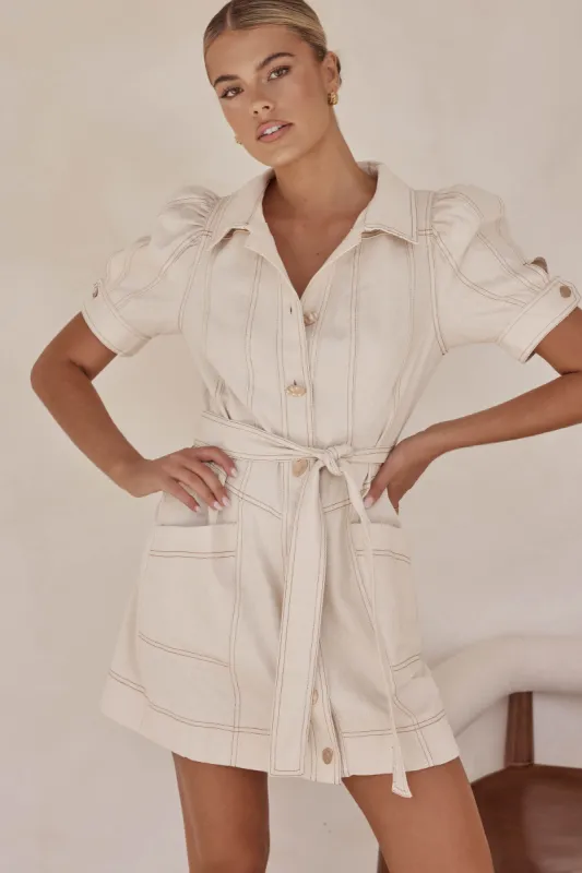 Harriet Mini Dress (Beige) sold by Runway Scout