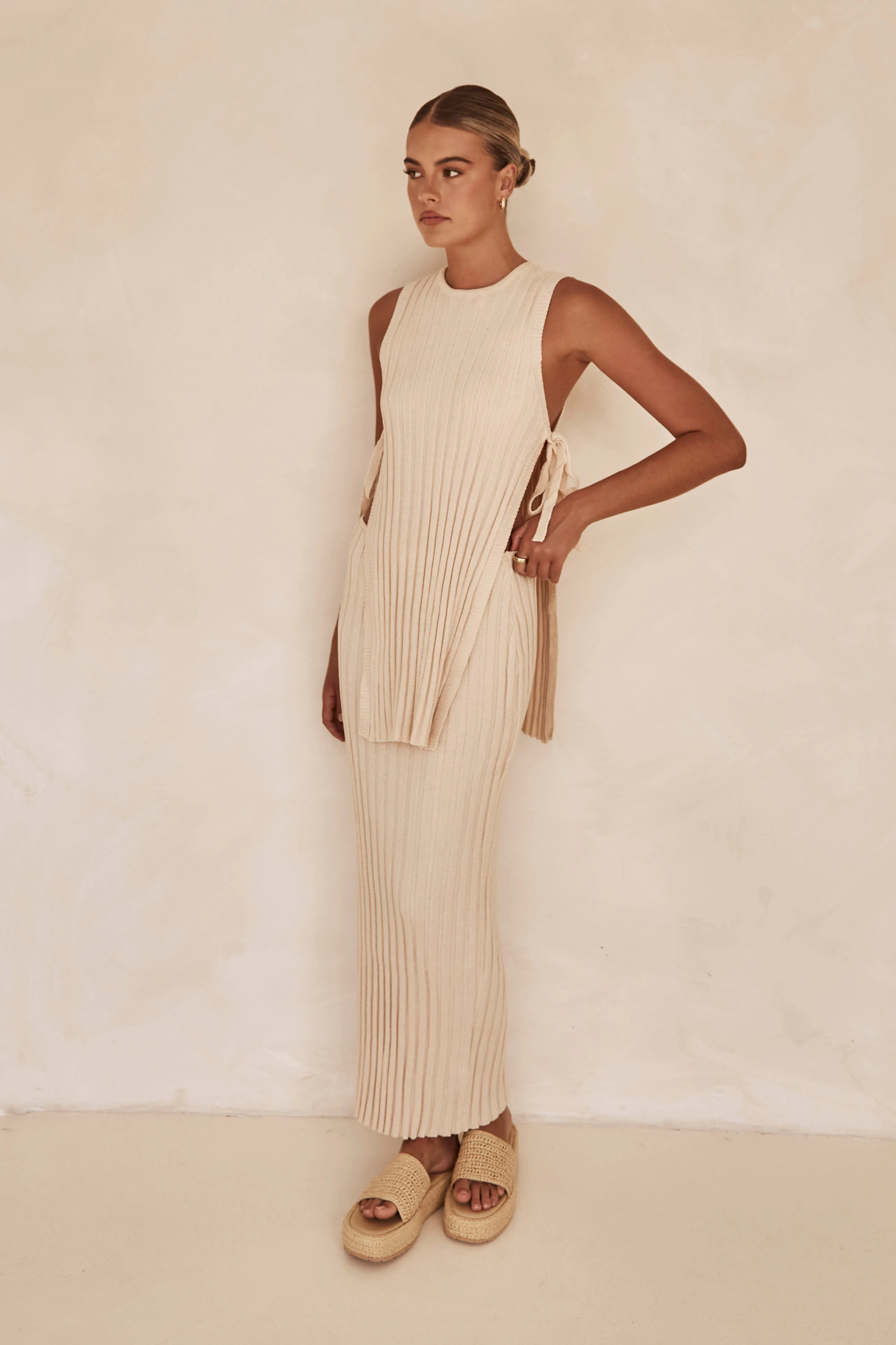 Baha Knit Maxi Skirt (Beige) sold by Runway Scout