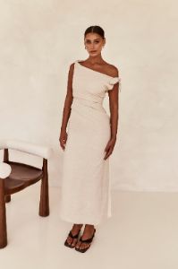 Lois Midi Dress (Beige) sold by Runway Scout