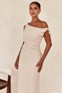 Lois Midi Dress (Beige) sold by Runway Scout