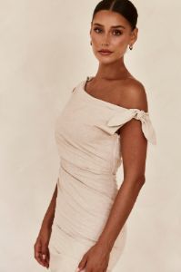 Lois Midi Dress (Beige) sold by Runway Scout