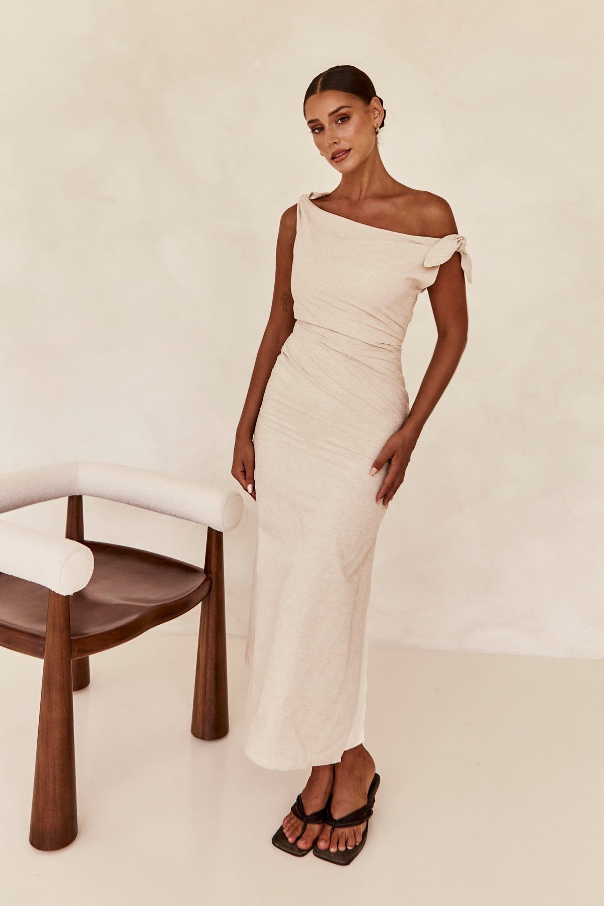 Lois Midi Dress (Beige) sold by Runway Scout