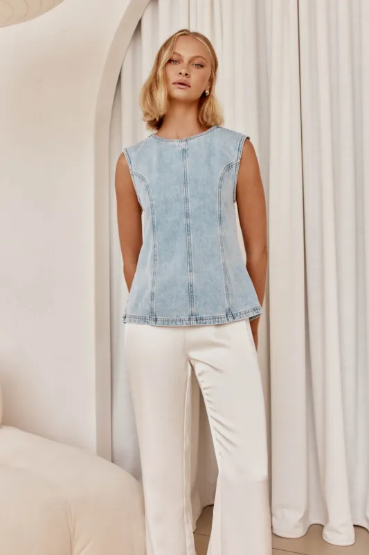Gracen Denim Top (Blue) sold by Runway Scout