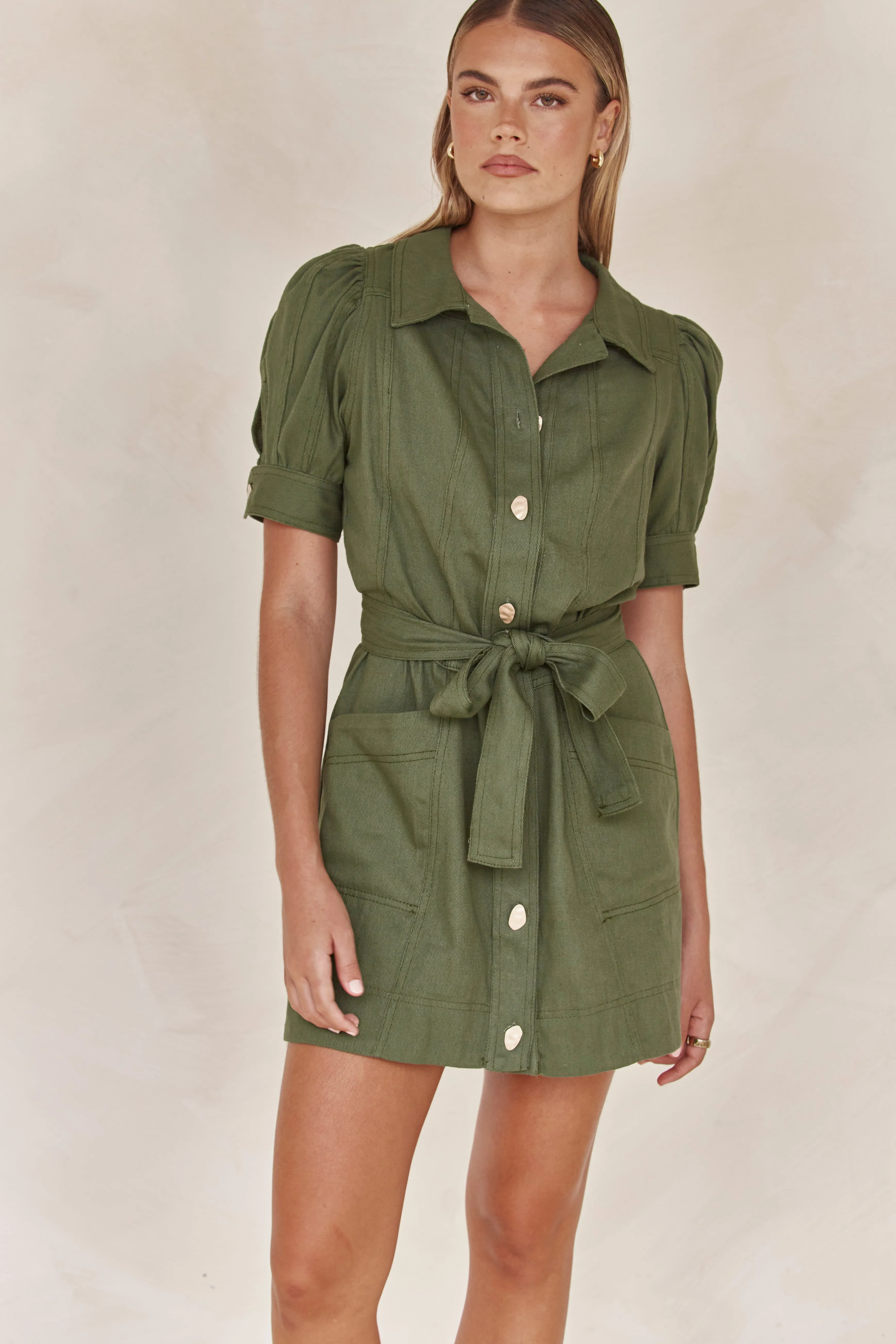 Harriet Mini Dress (Khaki) sold by Runway Scout