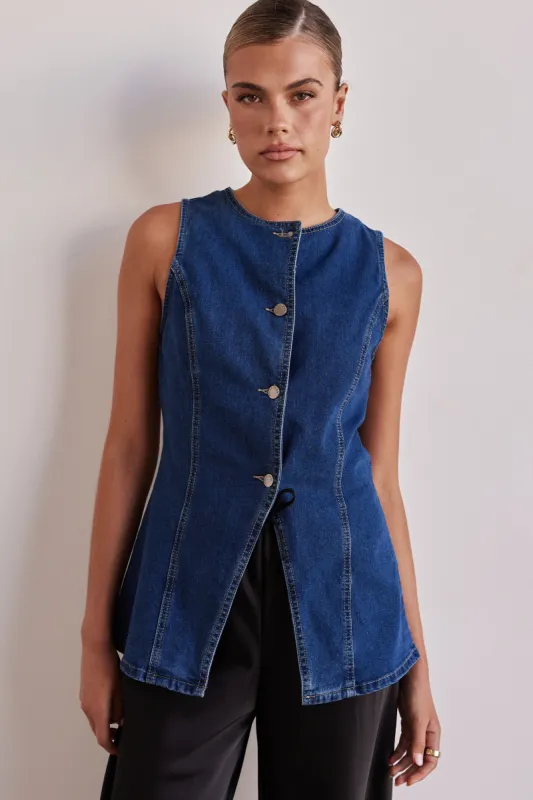 Yara Denim Vest (Blue) sold by Runway Scout