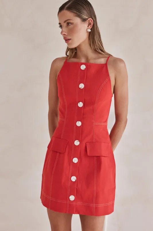 Belinda Denim Mini Dress (Red) sold by Runway Scout