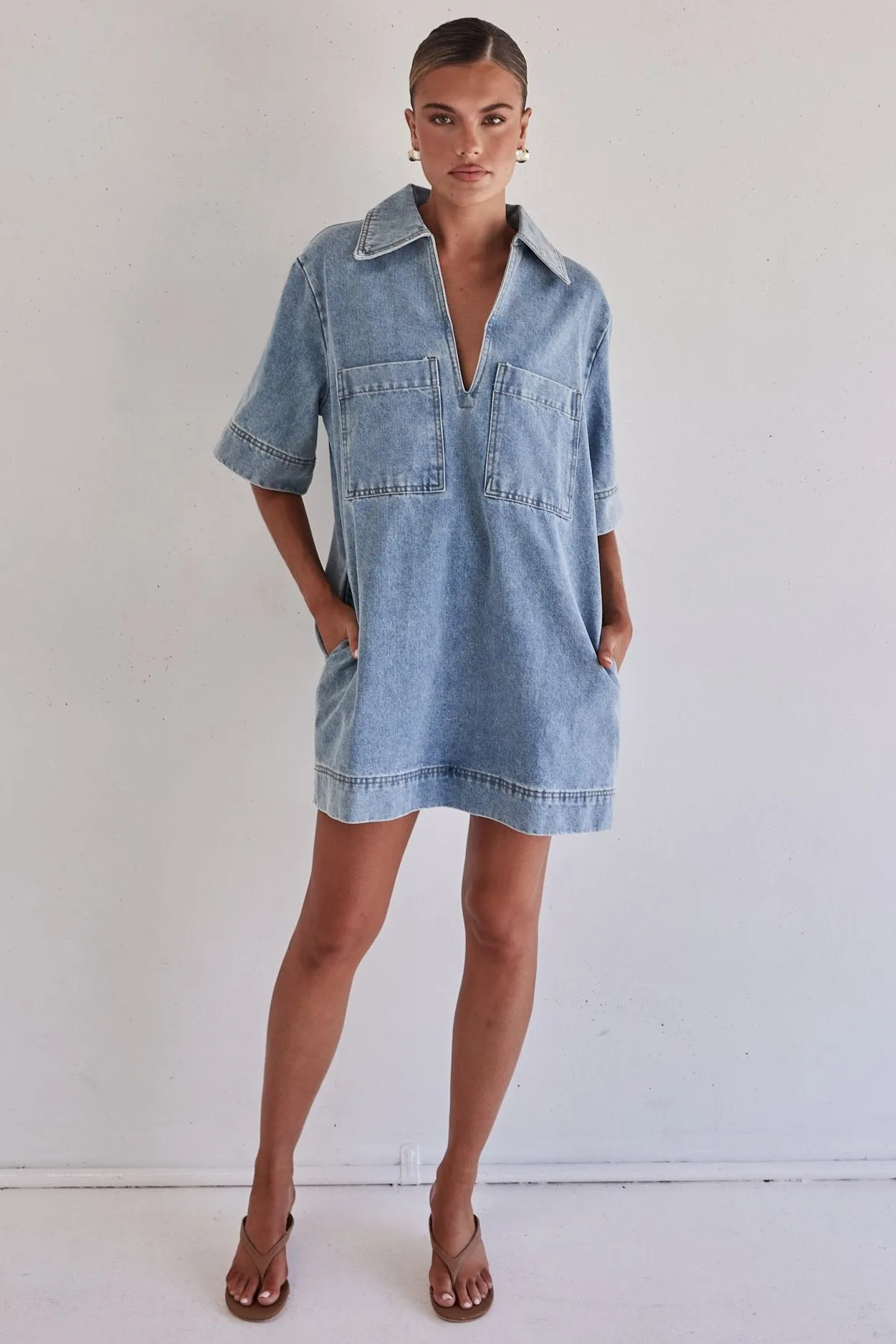 Tara Denim Mini Dress (Light Blue) sold by Runway Scout product image thumbnail 4