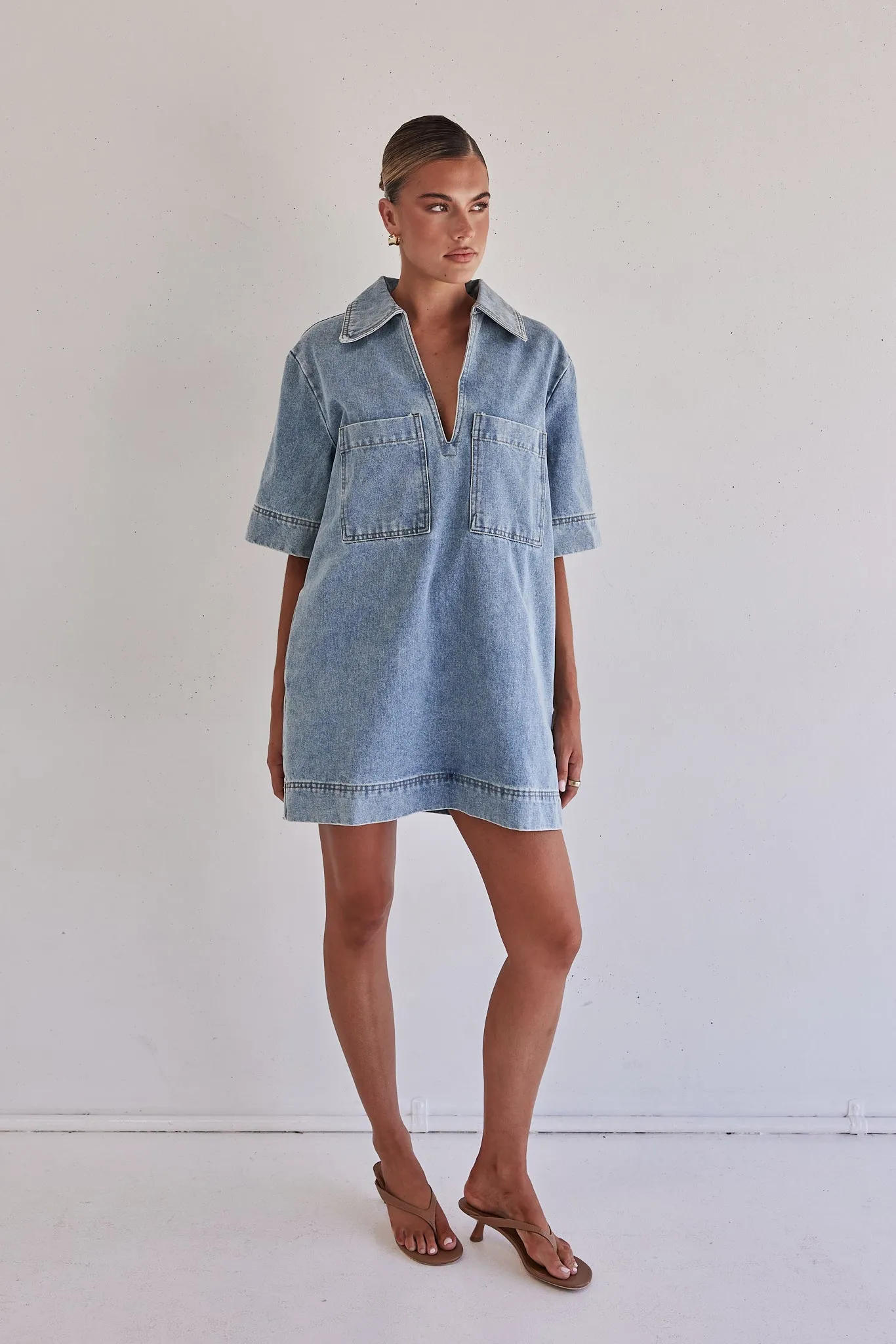 Tara Denim Mini Dress (Light Blue) sold by Runway Scout product image thumbnail 5