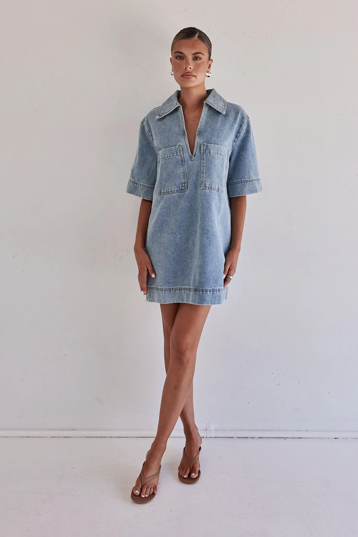 Tara Denim Mini Dress (Light Blue) sold by Runway Scout product image thumbnail 3
