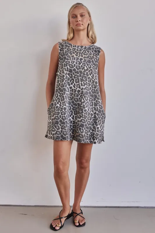 Rhea Denim Mini Dress (Leopard) sold by Runway Scout