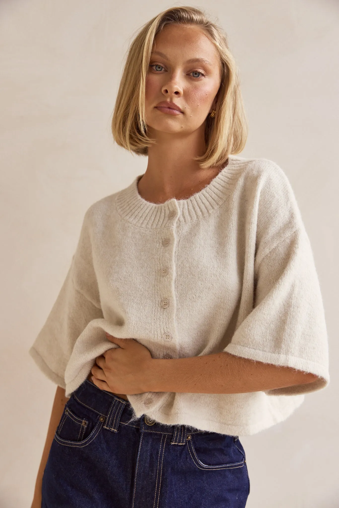 Tammy Knit Cardigan (Oatmeal) sold by Runway Scout