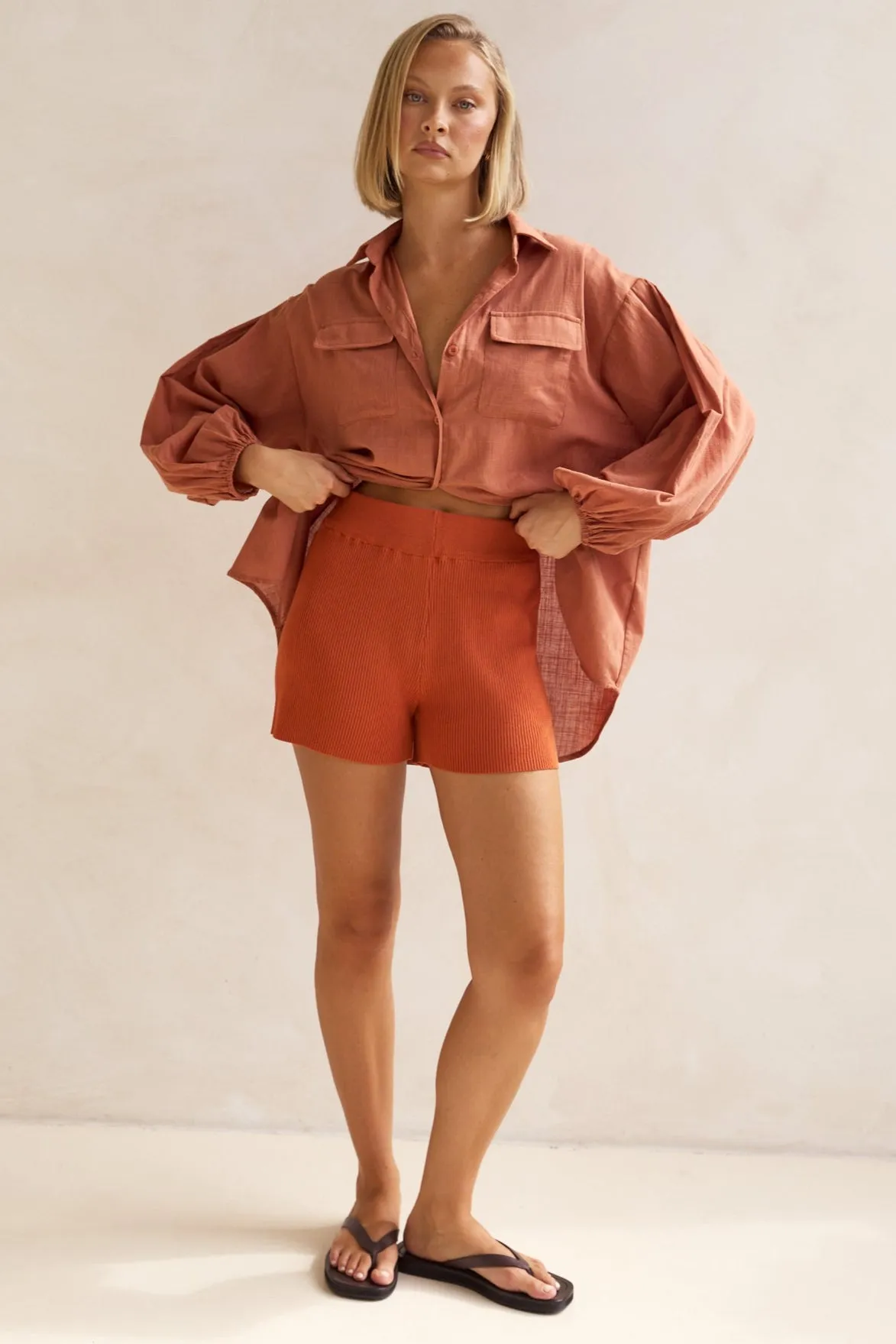 Bumble Knit Shorts (Rust) sold by Runway Scout