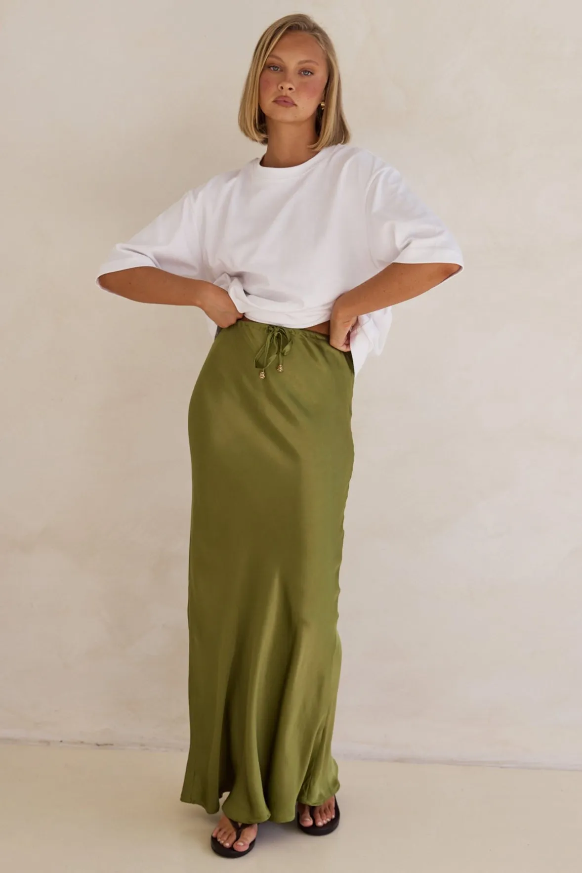 Alina Maxi Skirt (Olive) sold by Runway Scout