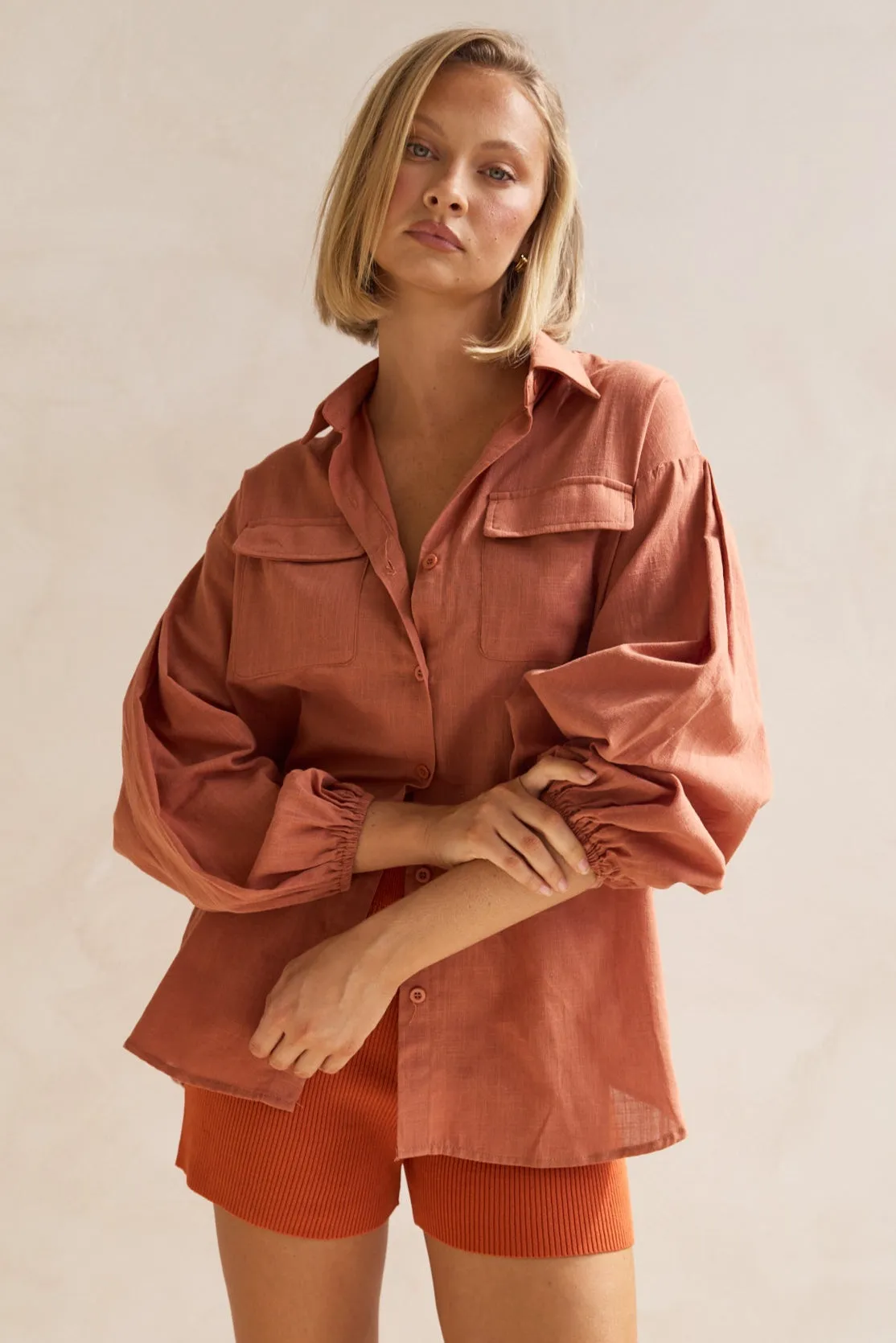 Timothee Shirt (Rust) sold by Runway Scout