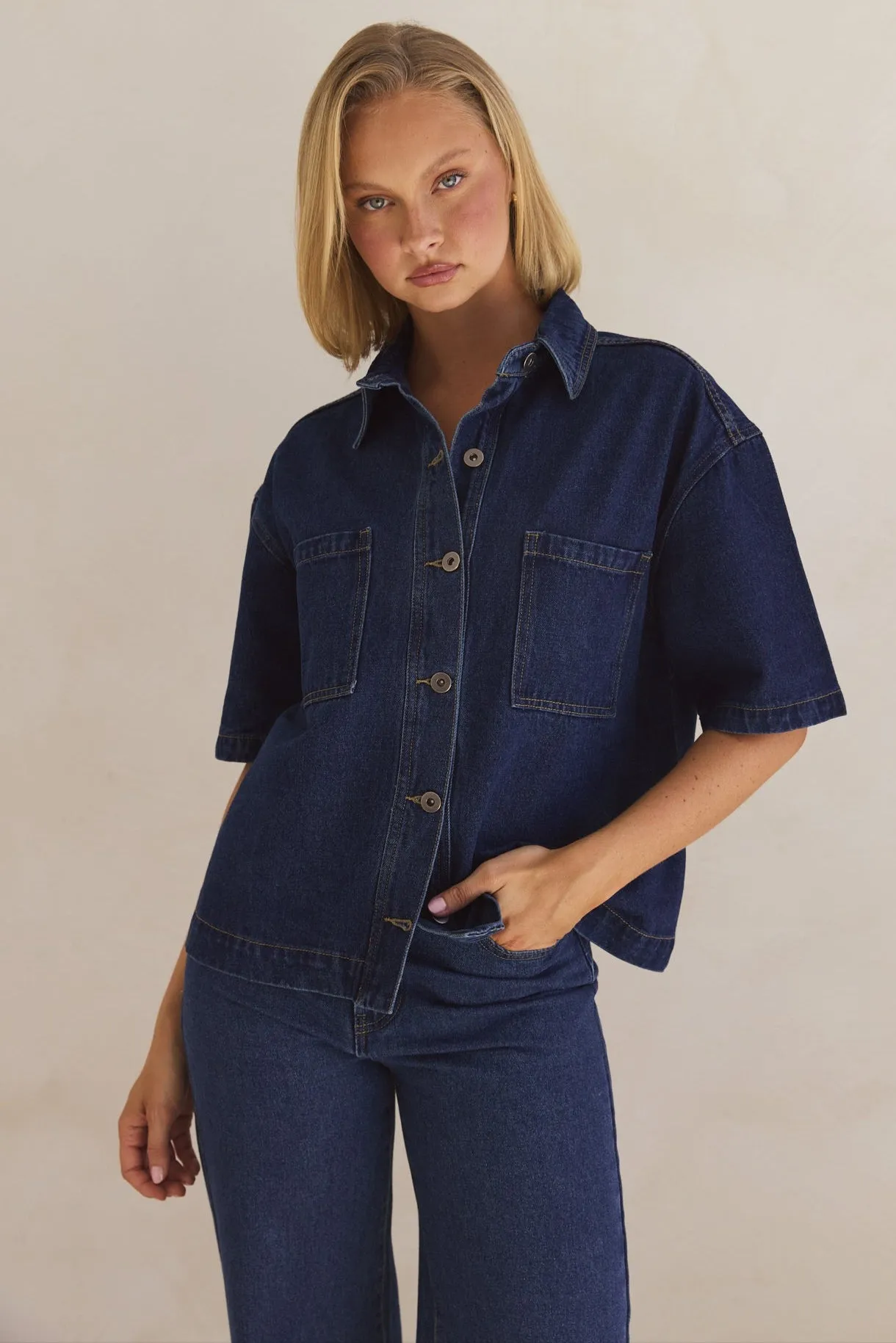 Kensley Denim Shirt (Blue) sold by Runway Scout