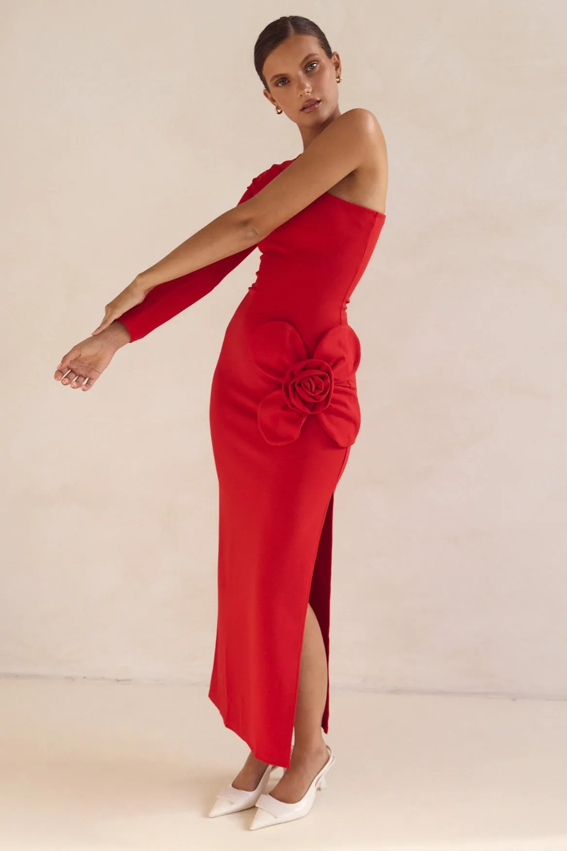 Ruby One Shoulder Maxi Dress (Red) sold by Runway Scout