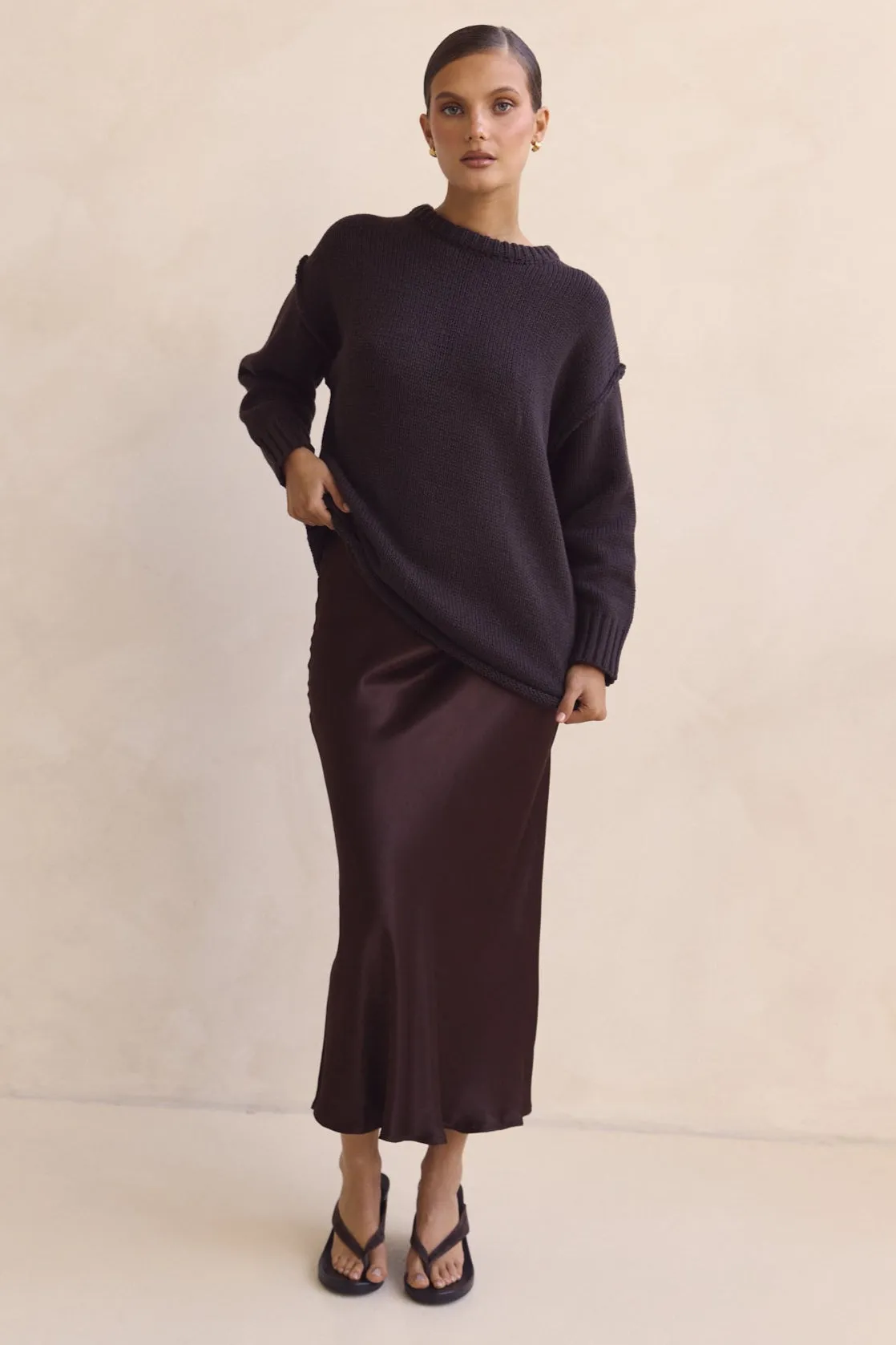 Solene Midi Skirt (Chocolate) sold by Runway Scout