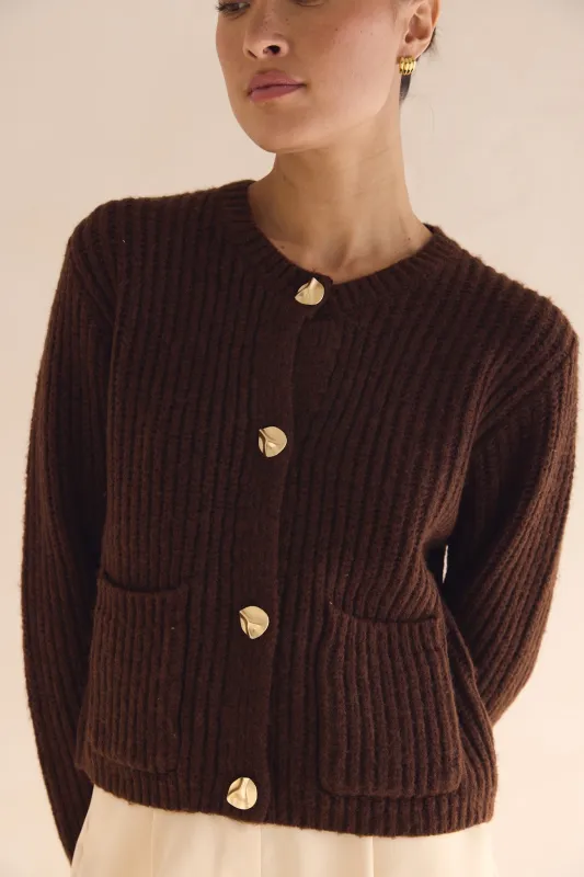 Aveline Knit Cardigan (Chocolate) sold by Runway Scout