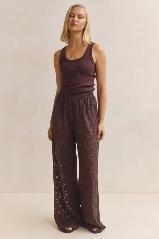 Thea Lace Pant (Chocolate) sold by Runway Scout