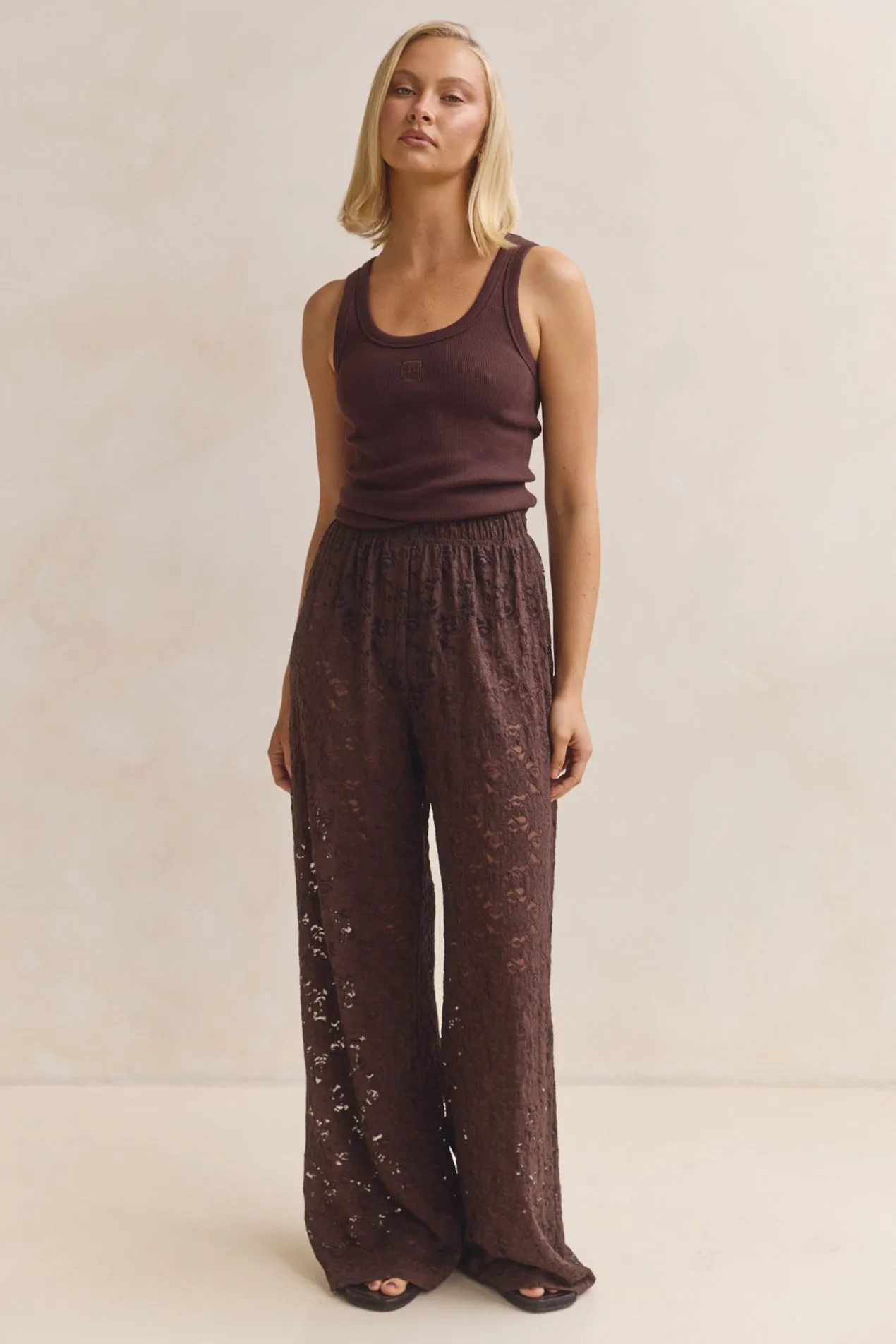 Thea Lace Pant (Chocolate) sold by Runway Scout