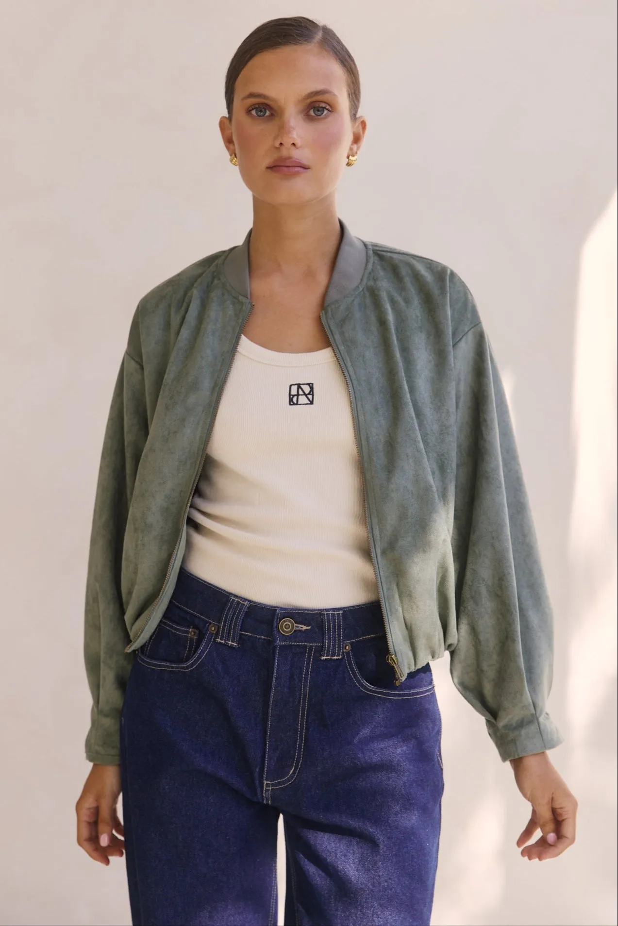 Kora Bomber Jacket (Sage) sold by Runway Scout