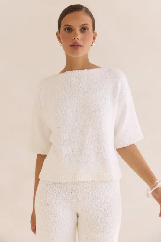 Avalon Asym Boucle Top (White) sold by Runway Scout