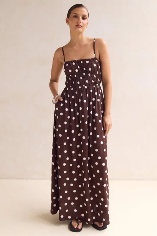 Clarissa Maxi Dress (Chocolate) sold by Runway Scout