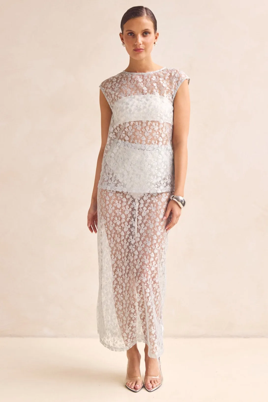 Jaida Lace Midi Skirt (Blue) sold by Runway Scout